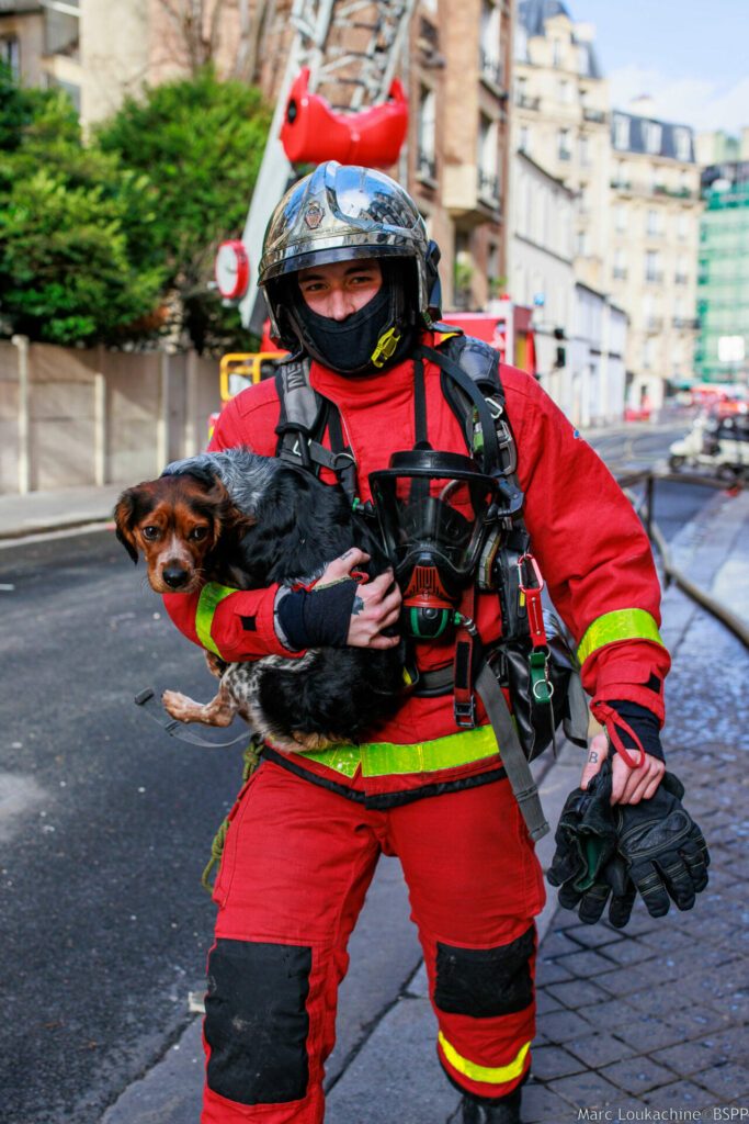 Sapeurs-pompiers de Paris sur intervention pour un feu d'appartement à Paris 16e arrondissement, sauvant un chien des flammes
